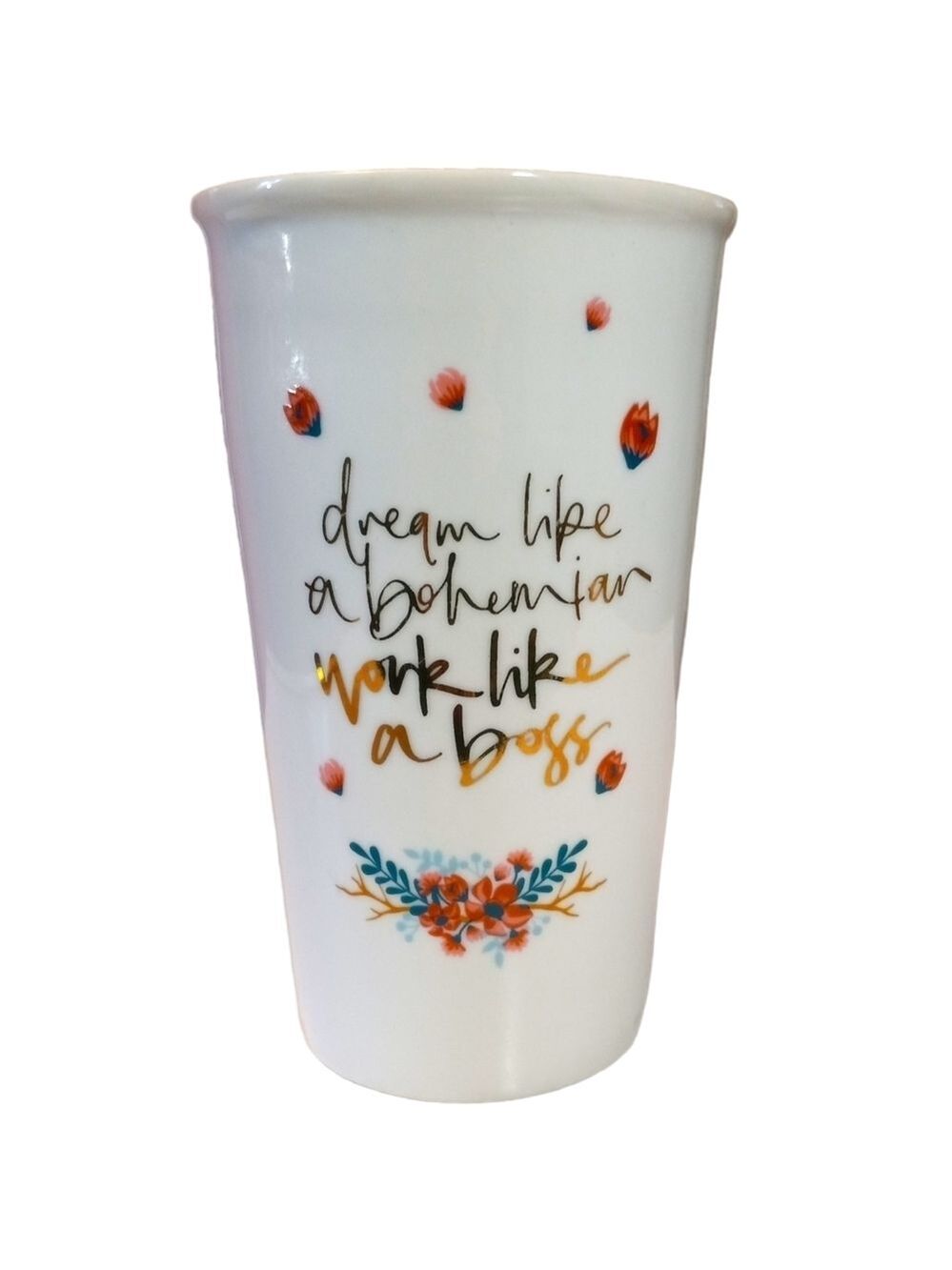 Tall Travel Mug w Lid Floral, Gold, Novelty Gift